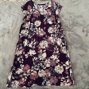 J. Jill Purple Floral V-Neck Maxi Dress LARGE Pockets 100% Rayon Short Sleeve
